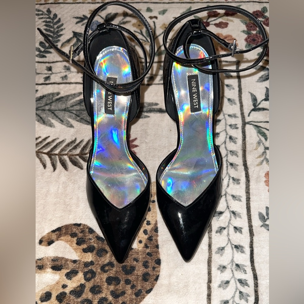 Nine West Black Patent Leather Pointed Toe Ankle Strap Heels